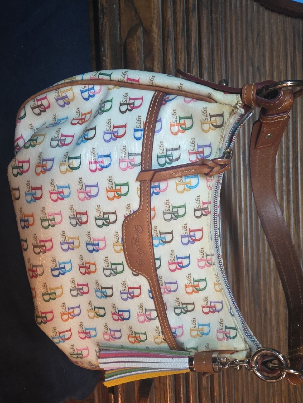Dooney & Bourke White Multicolor DB Logo Shoulder Bag with Tan Trim